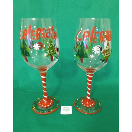 PAIR of HANDPAINTED PIER 1 CELEBRATE THE SEASON CHRISTMAS SANTA 9" WINE GLASSES