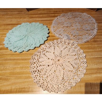 3 Vintage Hand Made Round Doilies White Aqua & Cream