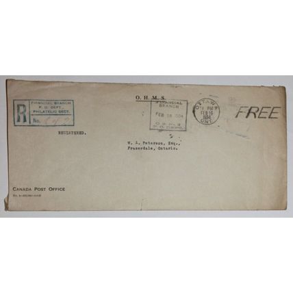 OTTAWA 1934 Registered cover Financial Branch PO Dept Philatelic Section
