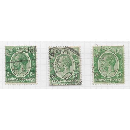KUT 1922 5c SHADES GREEN SG78 USED x3 STAMPS KG5 KENYA AND UGANDA CROWN COLONY