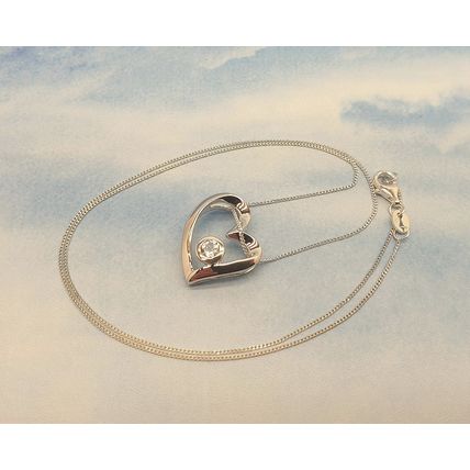 Vintage 925 Sterling Silver and Cubic Ziconia Heart Slider Pendant Necklace