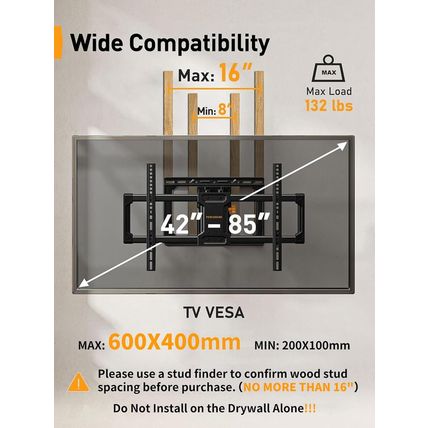 Perlegear UL Listed Full Motion TV Wall Mount for 42-85 Inch Tvs up to 132 Lbs,