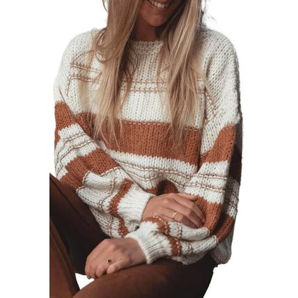 White Striped Knit Puff Sleeve Casual Sweater
