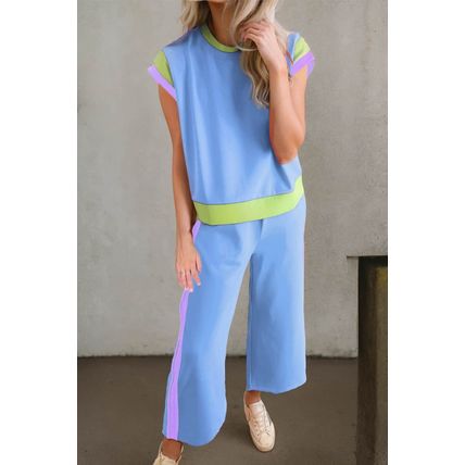 Sky Blue Color Block Detail Casual Two-piece Outfit