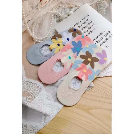 Pink Cute Floral Print No Show Socks