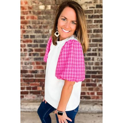 White Contrast Tweed Puff Sleeve Top