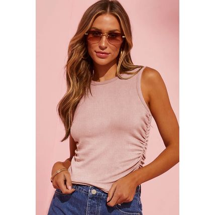 Apricot Pink Plain Ruched Side Slim Tank Top