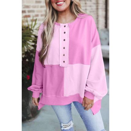 Pink Colorblock Henley High Low Oversize Sweatshirt