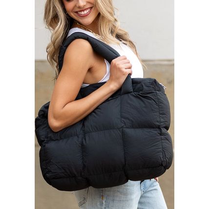 Color black Solid Quilted Puffy Zipped Large Tote Bag