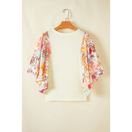 Beige Floral Patchwork Half Batwing Sleeve Blouse