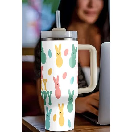 White DONT WORRY BE HOPPY Bunny Print Thermal Tumbler 40oz