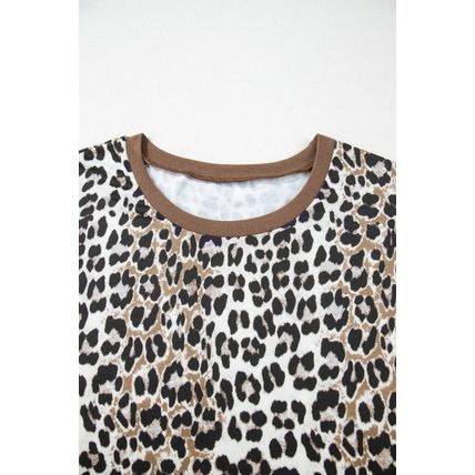 Khaki Leopard Contrast Trim Short Sleeve Loose Plus Size Top