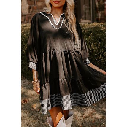 Black Contrast Stitched V Neck 3/4 Sleeve Tiered Mini Dress