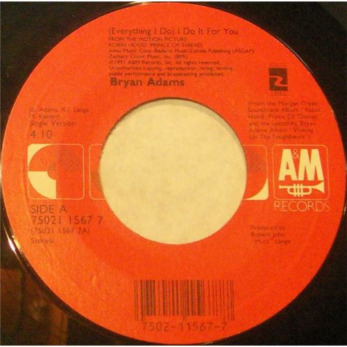 Bryan Adams ‎– (Everything I Do) I Do It For You 7 Inch Vinyl 45 RPM 1991