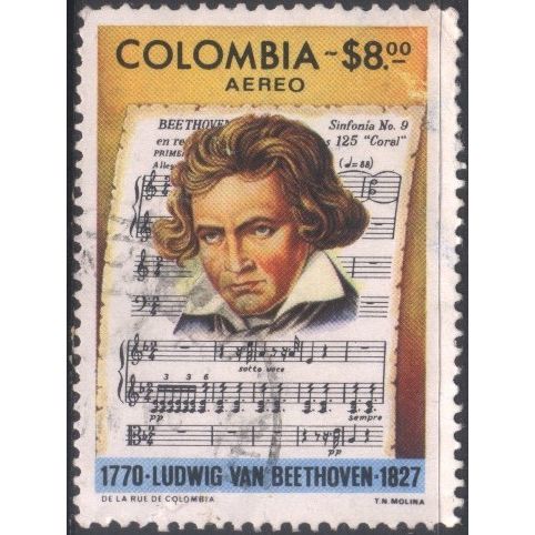 Colombia 1977 - SG1418 - 8p multi - Beethovan & Score of Ninth Symphony - used