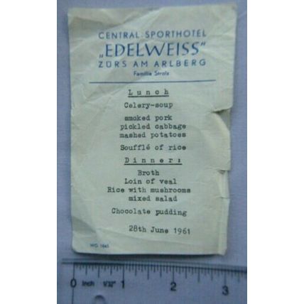 1961 menu Central Sporthotel Edelweiss Zurs am Arlberg