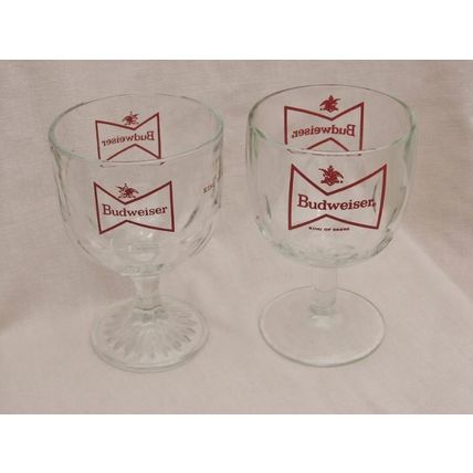 2 Budweiser Glass Goblets Pedastal Thumbprint Tankard Brew 6 Inch Tall