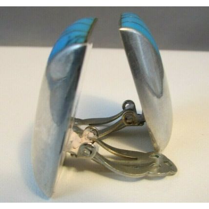 VINTAGE TURQUOISE STERLING SILVER CII MEXICO EARRINGS Square Art deco Style 17.g