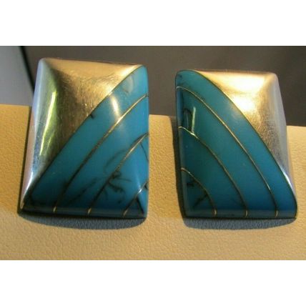 VINTAGE TURQUOISE STERLING SILVER CII MEXICO EARRINGS Square Art deco Style 17.g