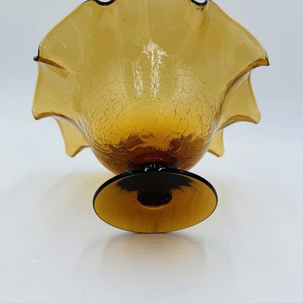 Blenko Art Glass Amberina Footed Vase Ruffled Crackled Compote 5.5in H x 9inW