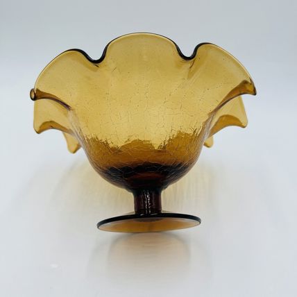 Blenko Art Glass Amberina Footed Vase Ruffled Crackled Compote 5.5in H x 9inW