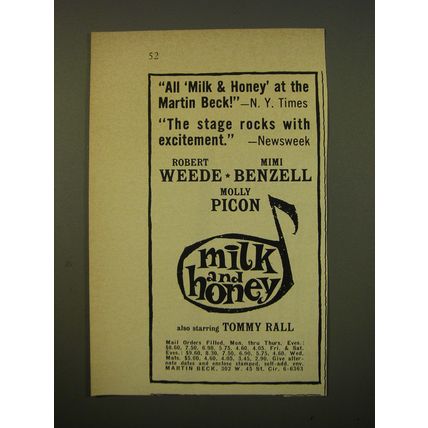 1961 Milk and Honey Play Advertisement - All Milk & Honey at the Martin Beck!