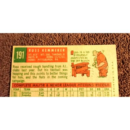 Topps 1959 Russ Kemmerer # 191 Washington Senitors Pitcher 4.0 VG/EX Condition