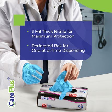 CARE plus Medical Grade Examination Nitrile Blue Gloves, Powder and Latex Free |