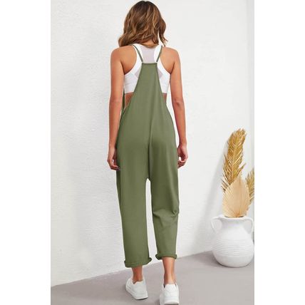 Green Pocketed Adjustable Spaghetti Strap Straight Leg Jumpsuit