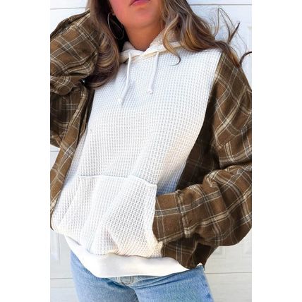 White Waffle Patch Plaid Sleeve Kangaroo Pocket Hoodie