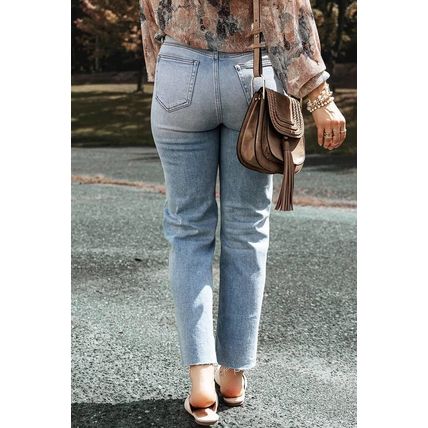 Light Blue Acid Wash Raw Edge Straight Jeans