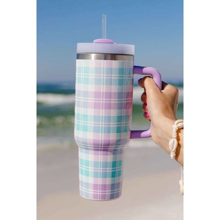 Orchid Petal Plaid Print Handle Large Vacuum Cup 40oz