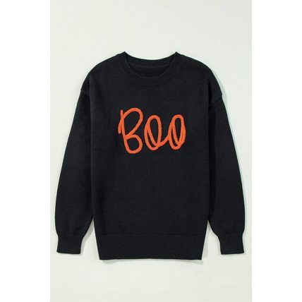 Black Boo Knitted Pattern Ribbed Edge Drop Shoulder Sweater