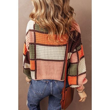 Orange Color Block Waffle Knit Drawstring Mock Neck Sweater