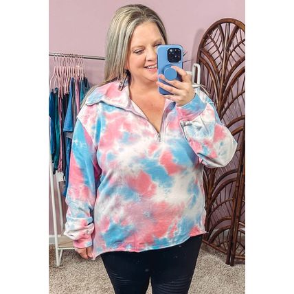 Multicolor Plus Size Tie-dye Zipped Collared Pullover Sweatshirt