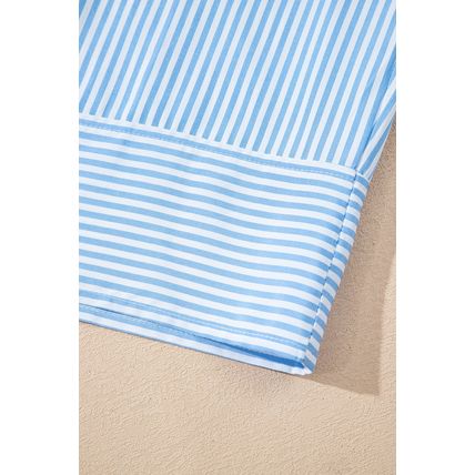 Sky Blue Stripe Contrast Collar Patchwork Hidden Button Short Sleeve Summer Shir