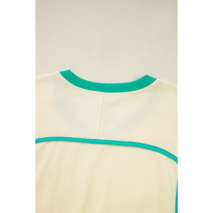 White Contrast Trim Colorblock Long Sleeve Pullover and Drawstring Shorts 2pcs O