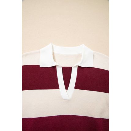 Brown Ribbed Trim Color Block Knitted Polo Collar Sweater