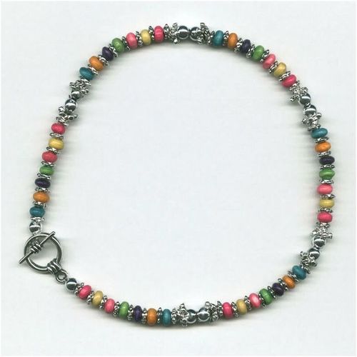 Anklet #tsrw solid silver and rainbow wooden beads 9.75 inch costume jewelry