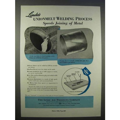 1946 Linde Air Products Ad - Unionmelt Welding Process