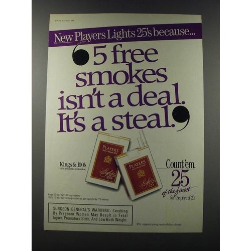 1986 Players Cigarettes Ad - New Players Lights 25's because 5 free smokes