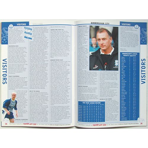 1999-2000 CRYSTAL PALACE v BIRMINGHAM CITY (Excellent Condition - No Writing)