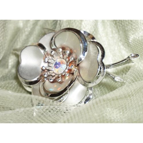 Rose Pin Brooch With AB Rhinestone Center Brushed/Polished Silvertone