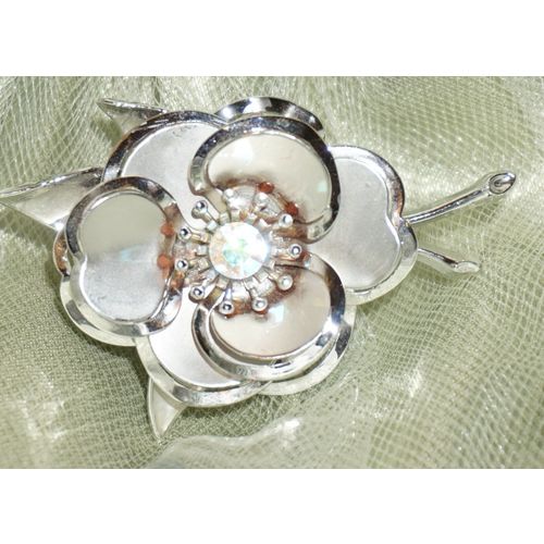 Rose Pin Brooch With AB Rhinestone Center Brushed/Polished Silvertone