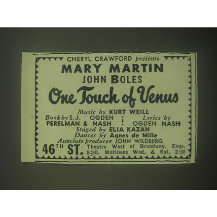 1945 One Touch of Venus Play Ad - Cheryl Crawford presents Mary Martin