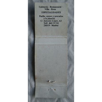 Matchbook cover Villa Rosa Cafeteria, Madrid