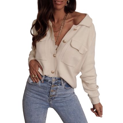 Apricot Chest Pockets Button up Knitted Cardigan