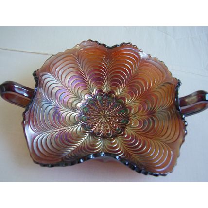 Antique Fenton Carnival Glass Peacock Tail Bon-Bon Dish Amber Iridescent Bowl
