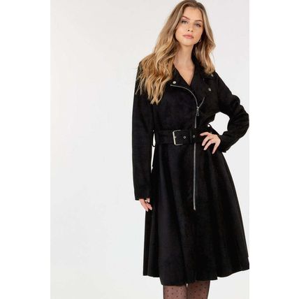 Waist Belt Tacked Faux Suede Coat Solid Coat