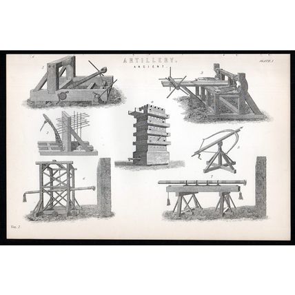 ARTILLERY 1883 Ballista Battering Ram Catapult Crossbow ANTIQUE LITHOGRAPH #1